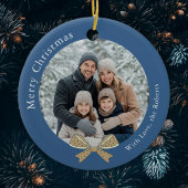 Einzigartiges Bow Christmas Ball Blue Foto Keramik Ornament