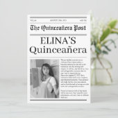 Einzigartiges Foto der Quinceañera-Zeitung Schwarz Save The Date (Stehend Vorderseite)