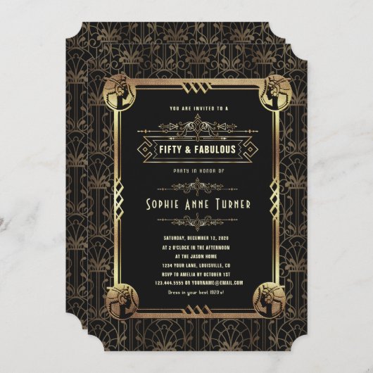 Einzigartiges Gold Black Great Gatsby 50 und fabel Einladung (Vorne/Hinten)