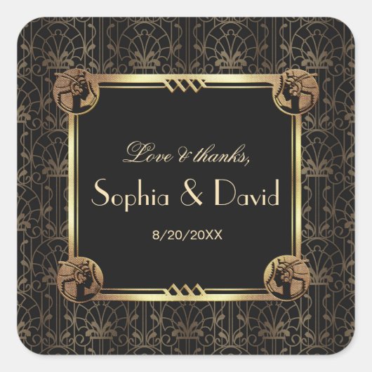 Einzigartiges Gold Black Great Gatsby Art Deco Hoc Quadratischer Aufkleber (Vorderseite)