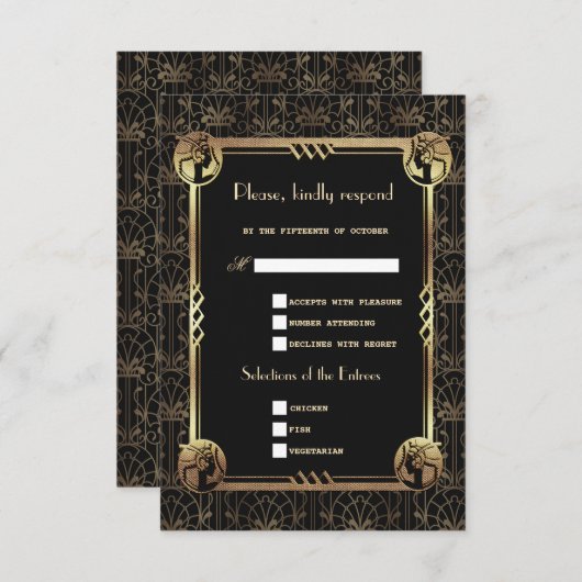 Einzigartiges Gold Black Great Gatsby Art Deco Hoc RSVP Karte (Vorne/Hinten)