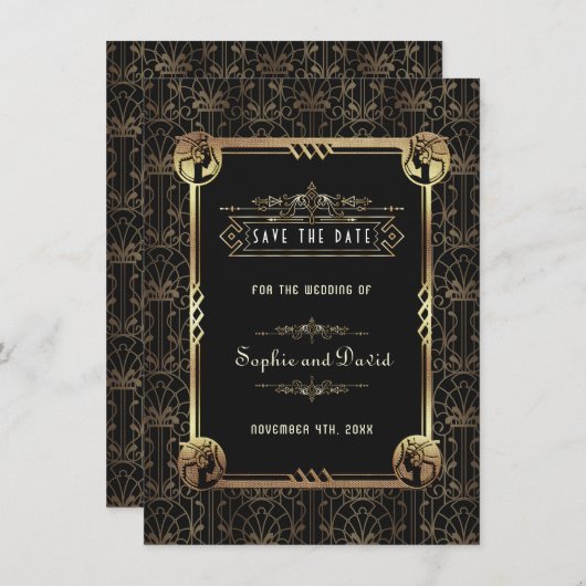 Einzigartiges Gold Black Great Gatsby Art Deco Hoc Save The Date (Vorne/Hinten)