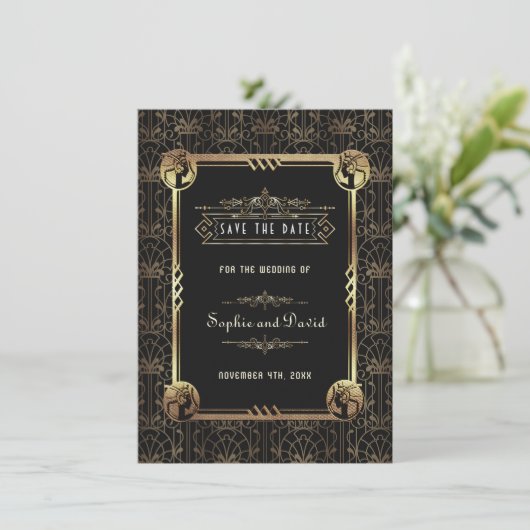Einzigartiges Gold Black Great Gatsby Art Deco Hoc Save The Date (Stehend Vorderseite)