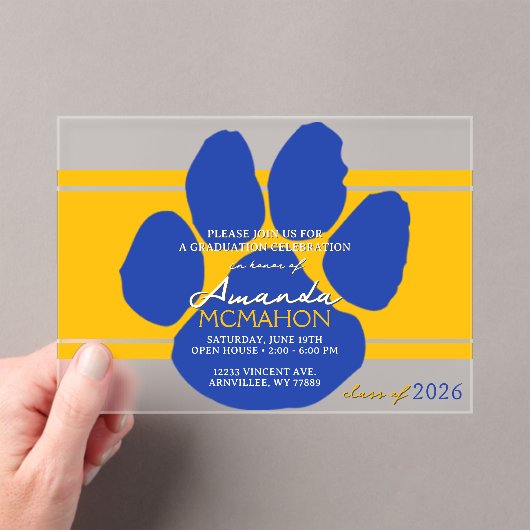 Einzigartiges Gold & Blue Abschluss Pawprint Elega Acryleinladungen (Insitu (Handheld))