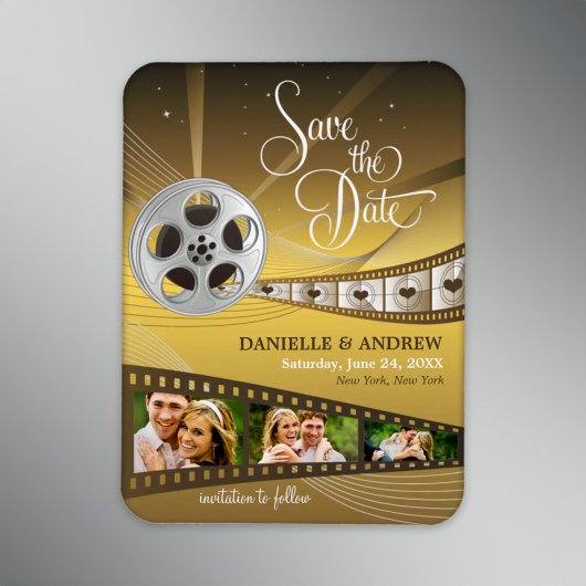 Einzigartiges Gold Movie Reel Wedding Foto Save th Magnet