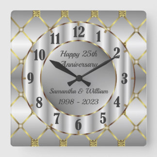 Einzigartiges Gold Silber und Schwarz Hochzeitstag Quadratische Wanduhr