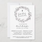 Einzigartiges Grau-Floral Erste Holly-Kommunion Einladung (Vorderseite)