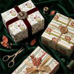 Einzigartiges Grün Rotes Botanisches Florales Wass Geschenkpapier Set