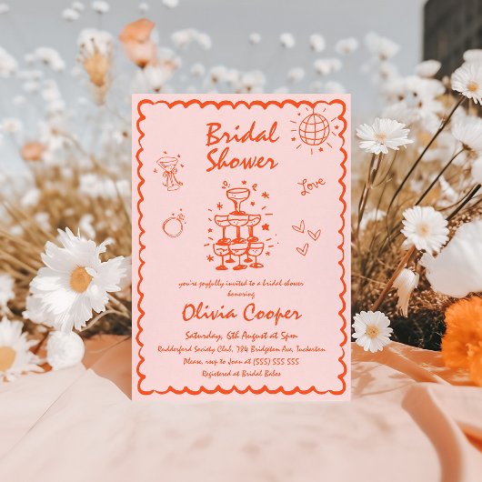 Einzigartiges handgezeichnetes farbiges Brautparty Einladung