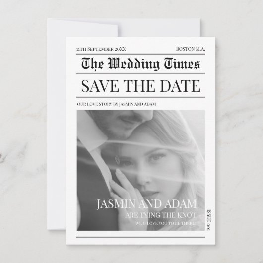 Einzigartiges Hochzeitserlebnis in der Zeitung Sch Save The Date (Vorderseite)