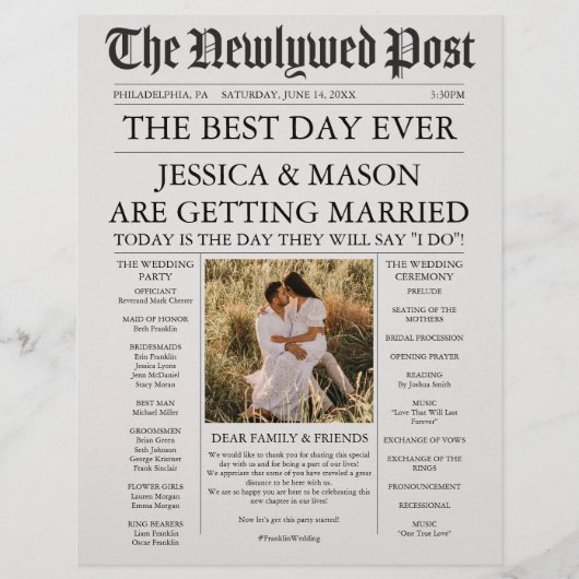 Einzigartiges Hochzeitsprogramm Zeitung (Vorne)