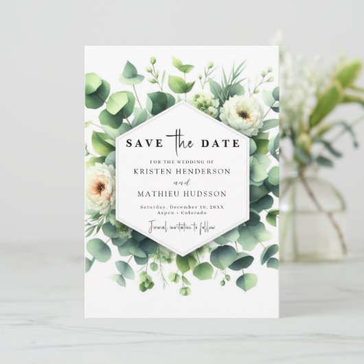 Einzigartiges Leaf Eucalyptus Digital Wedding Save The Date (Stehend Vorderseite)