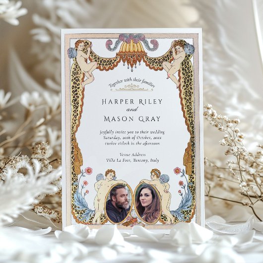 Einzigartiges Leopard Print Cherub Foto Hochzeit Einladung