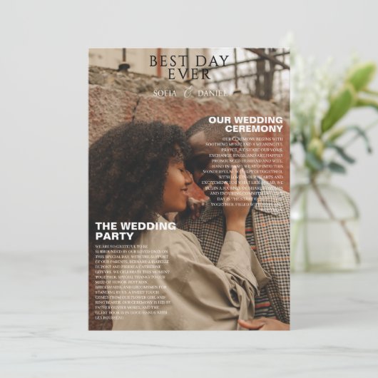 Einzigartiges Magazin Details Timeline Foto Hochze Einladung (Stehend Vorderseite)