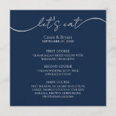 Einzigartiges Navy Blue Modern Script Wedding Menu Programm (Vorderseite)