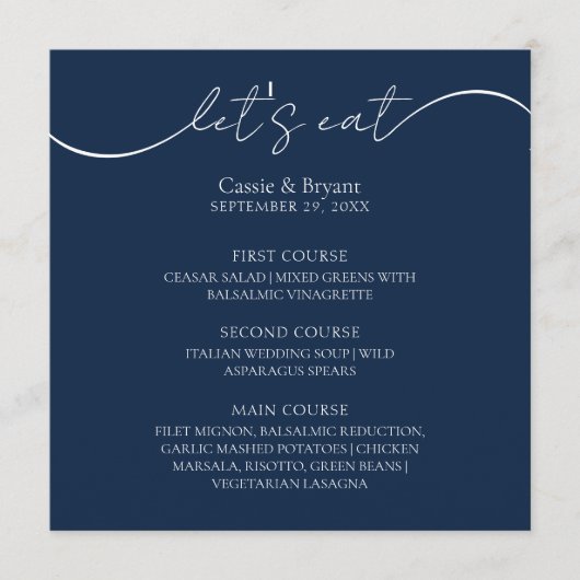 Einzigartiges Navy Blue Modern Script Wedding Menu Programm (Vorderseite)