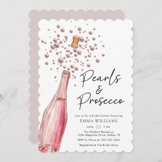 Einzigartiges Pink Pearls und Prosecco Brautparty Einladung (Vorne/Hinten)