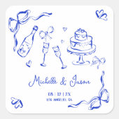 Einzigartiges Quirky Hand Drawn Blue French Bow Fo Quadratischer Aufkleber (Vorderseite)