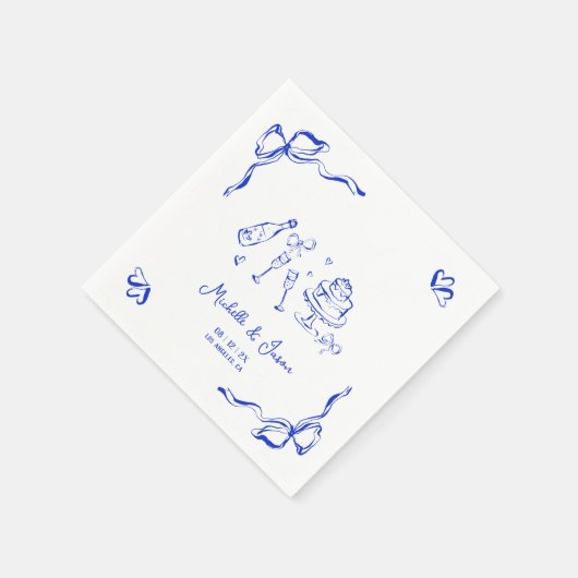 Einzigartiges Quirky Hand Drawn Blue French Bow Fo Serviette (Ecke)