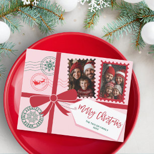 Einzigartiges Red Pink Gift Bow Foto Frohe Weihnac Feiertagspostkarte