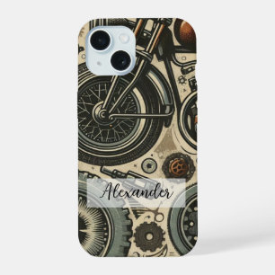 Einzigartiges Retro-Motorrad mit Getriebe-Handyhül iPhone 15 Hülle