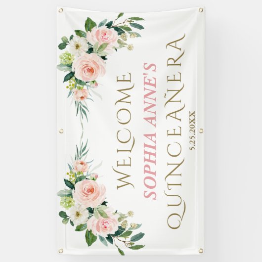 Einzigartiges rosa Blütenblütenblatt Quinceañera B Banner (Vertikal)