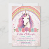 Einzigartiges Rosa Einhorn, Rose, Rainbow Birthday Einladung (Vorderseite)