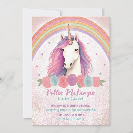 Einzigartiges Rosa Einhorn, Rose, Rainbow Birthday Einladung (Vorderseite)