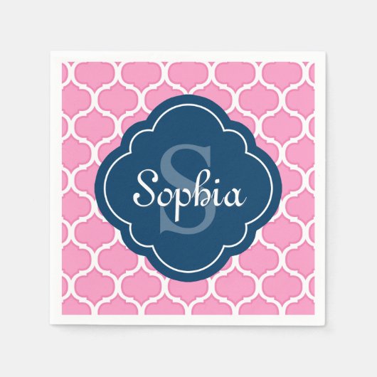 Einzigartiges rosa Gittermuster Navy Blue Monogram Serviette (Vorderseite)