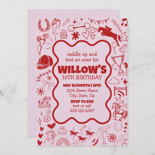 Einzigartiges Rosa Pferdchen Reittier Geburtstag Einladung (Vorne/Hinten)