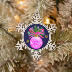 Einzigartiges rosa Ribbon Bauble Schneeflocken Zinn-Ornament