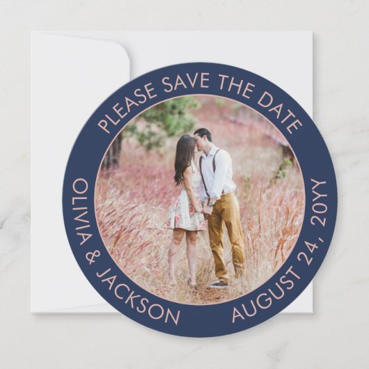 Einzigartiges Round Foto Moderne Navy Blue & Pink Save The Date (Vorderseite)