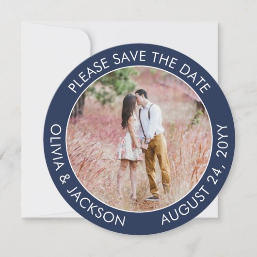 Einzigartiges Round Foto Moderne Navy Blue White W Save The Date (Vorderseite)