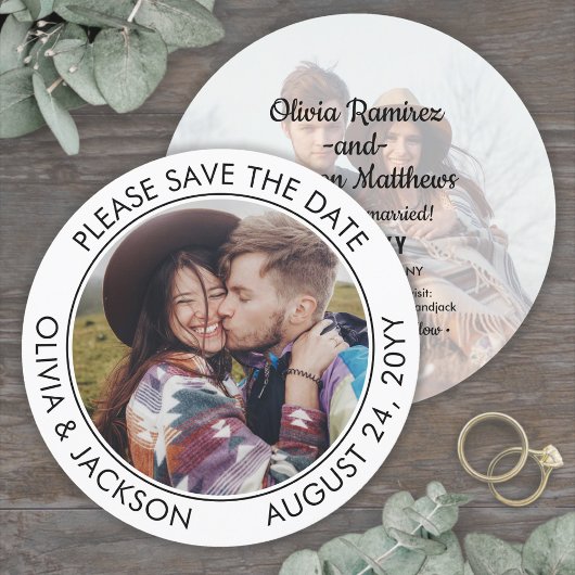 Einzigartiges Round Foto Moderne Schwarz-Weiß-Hoch Save The Date