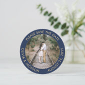 Einzigartiges Round Foto Modernes Blue & Gold Hoch Save The Date (Stehend Vorderseite)