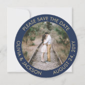 Einzigartiges Round Foto Modernes Blue & Gold Hoch Save The Date (Vorderseite)