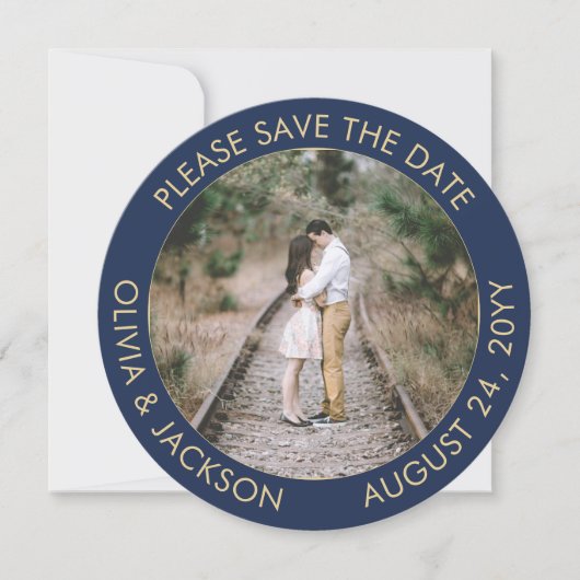 Einzigartiges Round Foto Modernes Blue & Gold Hoch Save The Date (Vorderseite)