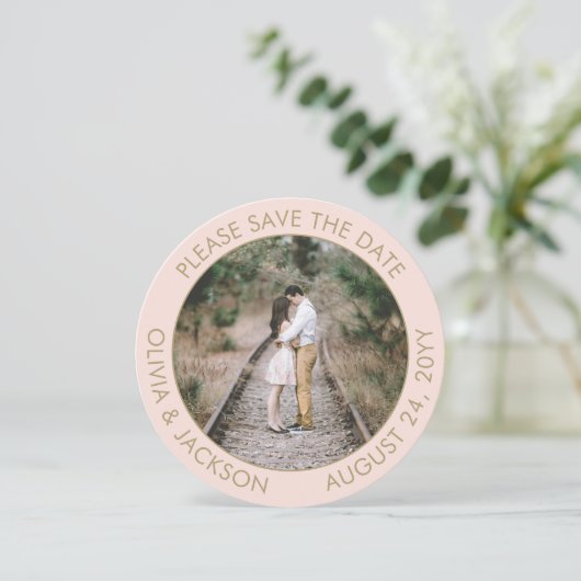 Einzigartiges Round Foto Modernes Blush Pink Gold Save The Date (Stehend Vorderseite)