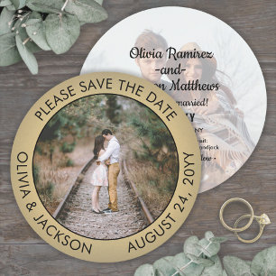 Einzigartiges rundes Foto Schwarz & Gold Faux-Foli Save The Date