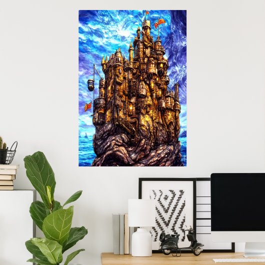 Einzigartiges Schloss im Meer | AI Art Poster (Heimbüro)