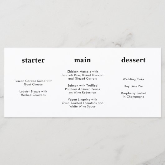 Einzigartiges Schwarz-weißes, horizontales Hochzei Menükarte (Vorderseite)