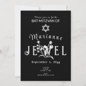 Einzigartiges Schwarzes Bat Mitzvah Floral Typogra Einladung (Vorderseite)