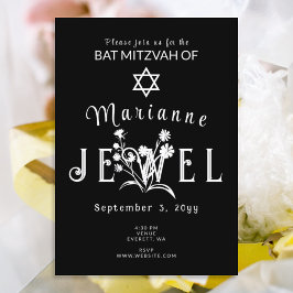Einzigartiges Schwarzes Bat Mitzvah Floral Typogra Einladung