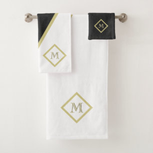 Einzigartiges schwarzes Leder-Look Weiß-Monogramm Badhandtuch Set