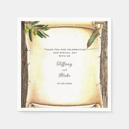 Einzigartiges Scroll & Feather Pen Hochzeitspapier Serviette (Vorderseite)