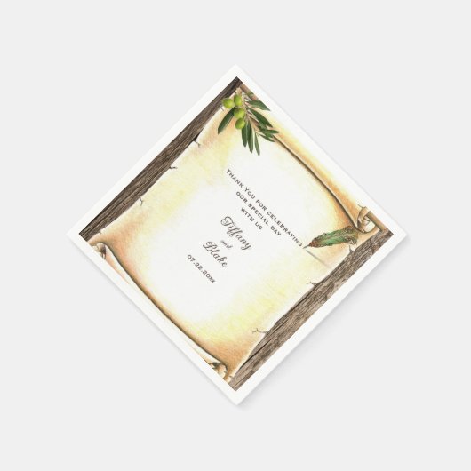 Einzigartiges Scroll & Feather Pen Hochzeitspapier Serviette (Ecke)