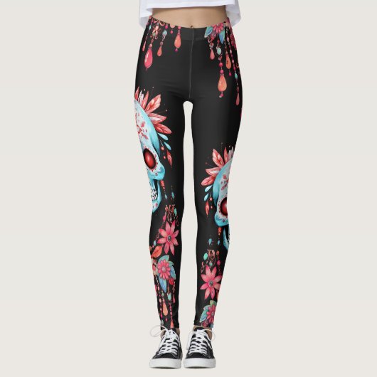 Einzigartiges Wasserfarben-Blumenzucker-SchädelHal Leggings (Vorderseite)