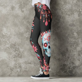 Einzigartiges Wasserfarben-Blumenzucker-SchädelHal Leggings