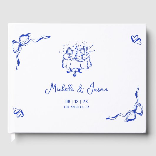 Einzigartiges Whimsical Blue Hand Drawing French B Gästebuch (Vorderseite)