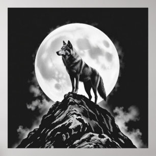 Einziger Howl: Wolf und Vollmond Holzkohle Kunst Poster